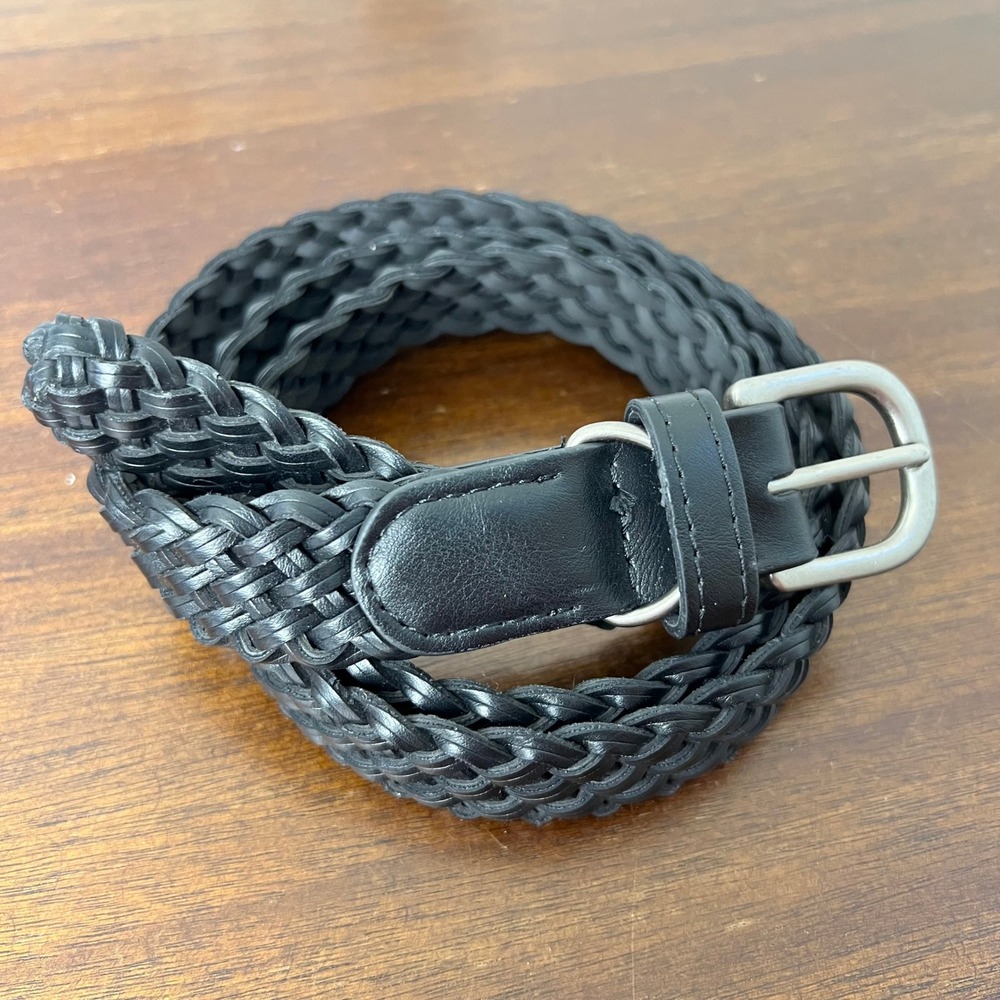 Black Braided Faux Leather Belt Women Silver Buckle Woven Basic Capsule 1" x 48"